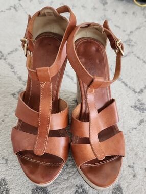 J CREW Women’s Brown Cognac Leather T-Strap Sandal